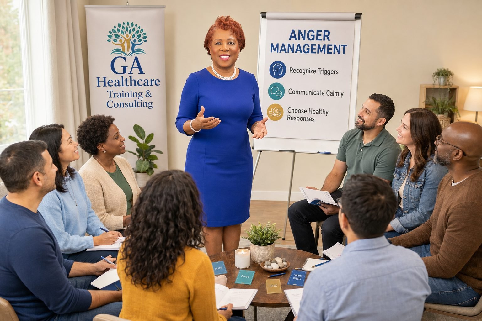 Dr. Yolaine Nozile leading an anger management class