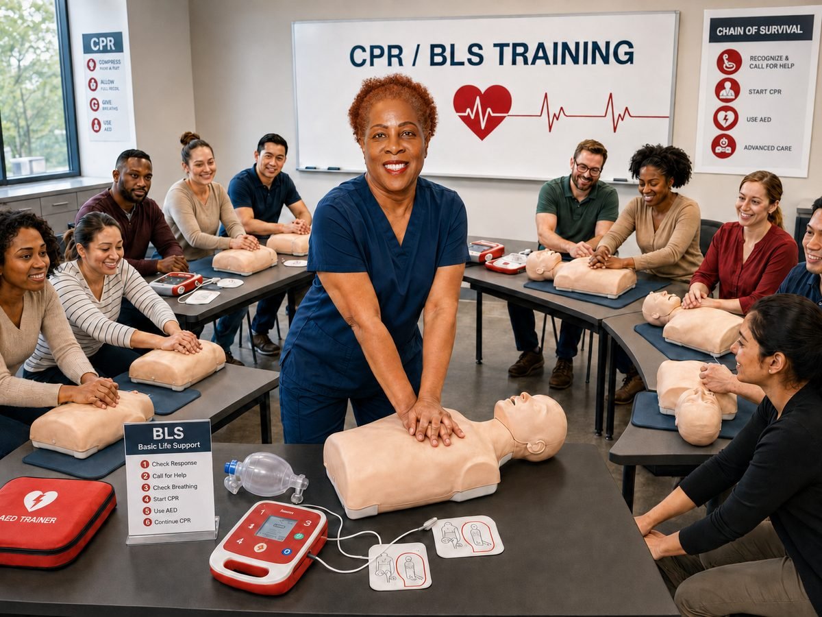 Students practising CPR on manikins during a BLS class