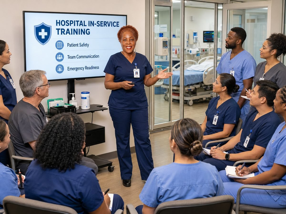 Dr. Yolaine Nozile leading a hospital in-service session for a care team