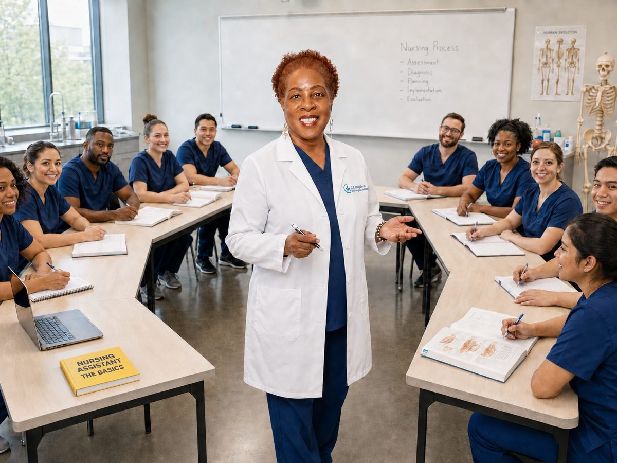 Nursing assistant students working through review material in class