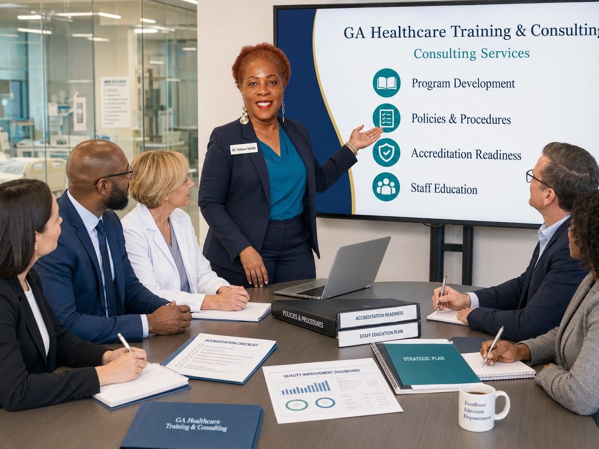 Dr. Yolaine Nozile presenting consulting services to a healthcare leadership team