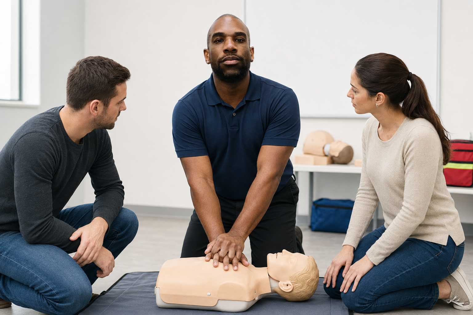 A CPR instructor demonstrating chest compressions during a certification class