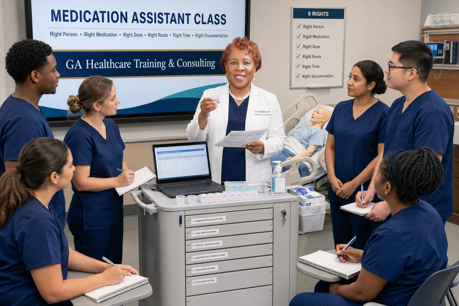 Dr. Yolaine Nozile leading a medication assistant class at a medication cart