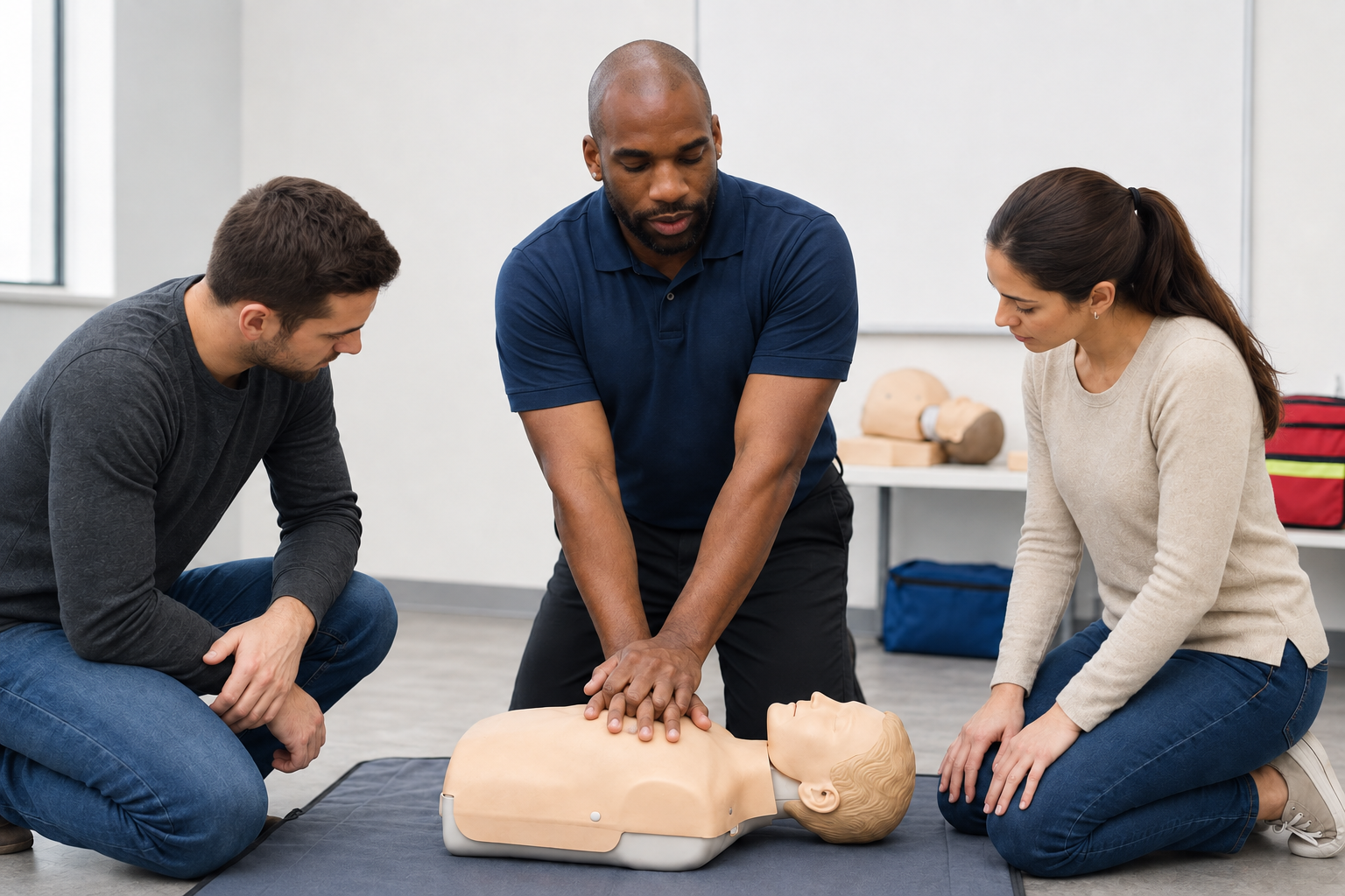 A CPR instructor demonstrating chest compressions during a certification class