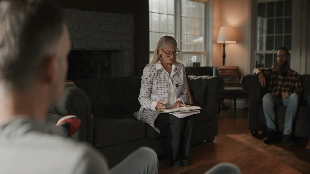 A facilitator with a clipboard leads a small group session in a quiet, living-room style setting